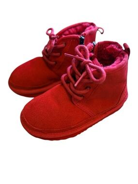UGG Neumel Toddler Boots Size 11 Red Suede Shearling Lined Lace Up Side Zip Kids